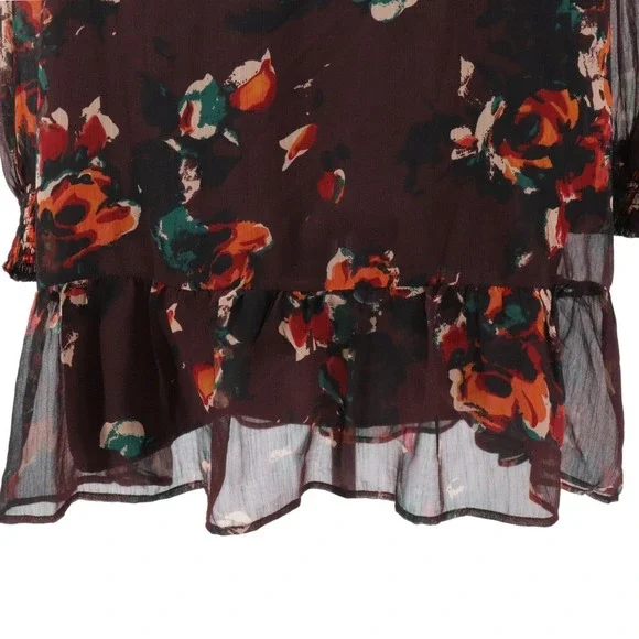 Walter Baker Floral Mini Dress Sheer Sleeve Tie Neck Ruffle Hem Large - Picture 9 of 14